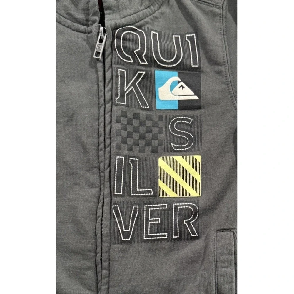 Quiksilver Hoodie Kids Size 6 Gray Fleece Full Zip Graphic Sweatshirt Skate
